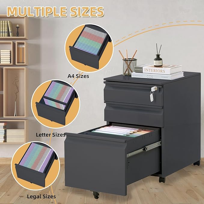 Garvee Mobile Filing Cabinet 3 Drawer,Under Desk File Cabinet with Lock & Anti-Tip Wheel, Metal Rolling Filing Cabinets for Home Office Organizer,a4/Letter/Legal Hanging File Folders