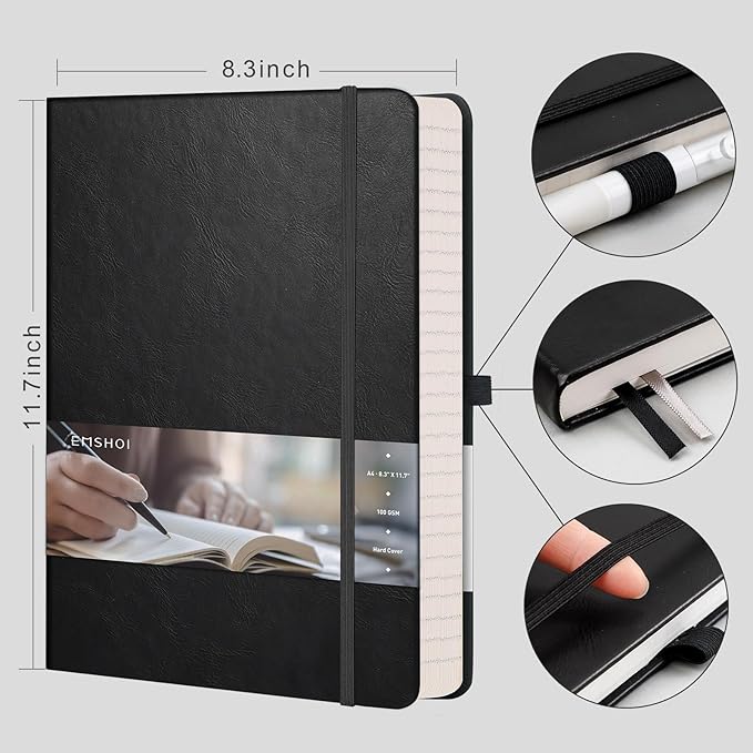 EMSHOI Hardcover Leather Lined Journal - 8.5" x 11" College Ruled Notebook for Women & Men, 192 Pages, 100 GSM Thick Paper, Sticky Notes - Professional A4 Writing Journal for Work, Office, Black