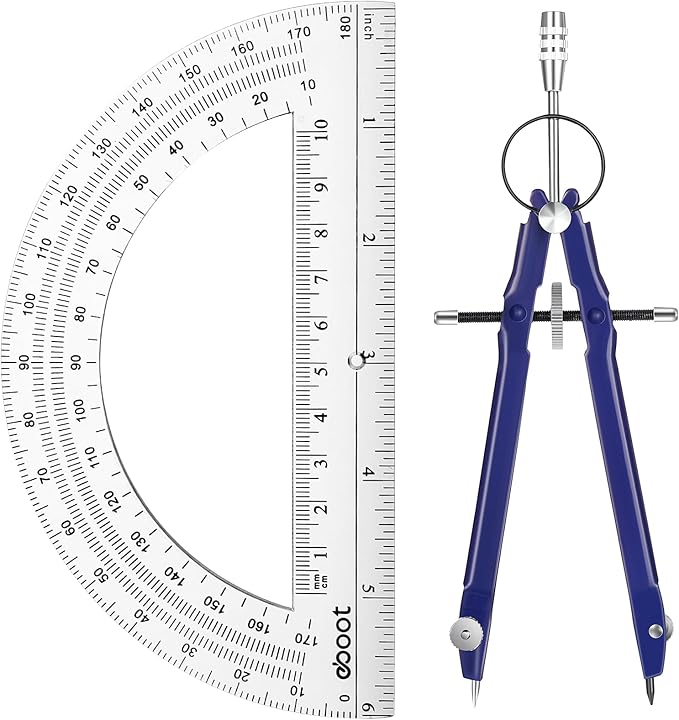 EBOOT Student Geometry Math Set, Drawing Compass and 6 Inch Clear Swing Arm Protractors 180 Degree Math Protractor (Blue)