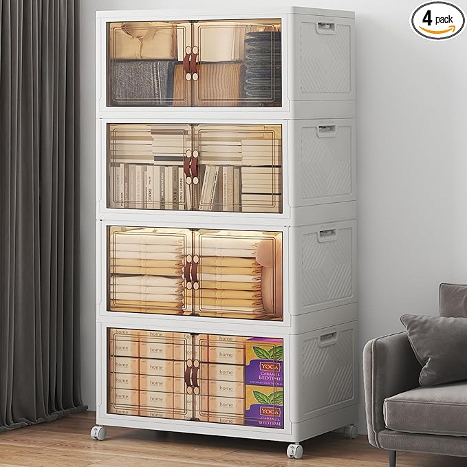 480Qt Stackable Storage Bins with Lids, 4 Pack Large Collapsible Bins with Wheels, Plastic Cabinet with Doors, Foldable Closet Organizers and Storage for Home, Dorm, Office, White