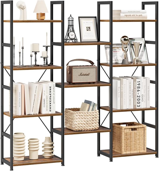 NUMENN Triple Column 4 Tier Bookshelf, Bookcase with 11 Open Display Shelves, Adjustable Rustic Industrial Style Book Shelves, Modern Bookshelves for Bedroom, Living Room and Home Office, Vintage