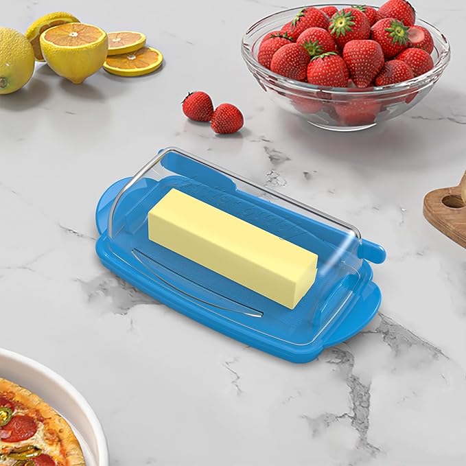 Blue Butter Dishes with Lid for Countertop Refrigerator, Clear Butter Dish Plastic Flip Top Lid Butter Container with Spreader, Non-Slip Bottom Butter Holder Keeper (Transparent Cover Blue)