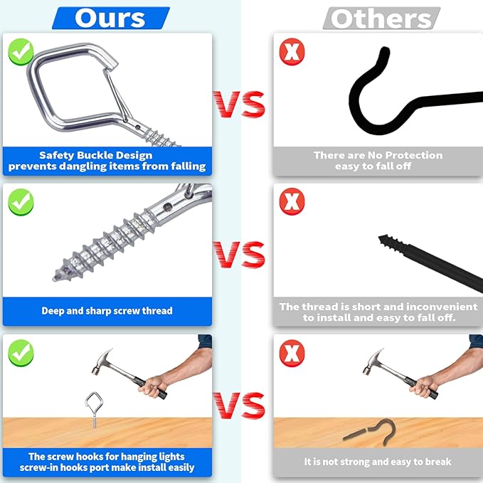 20PCS Eye Screw Hooks for Hanging Heavy Duty with Safety Buckle.Metal Ceiling Hooks for Hanging Plants,Cup,Wind Chime,Bird Feeders,String Lights at Indoor&Outdoor,2.36 Inch(No Drill Bit)