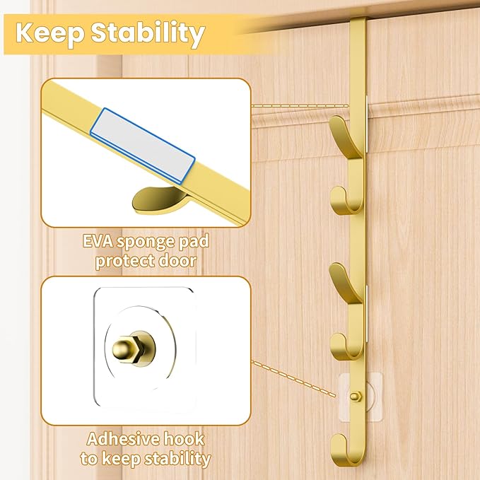 Over The Door Hooks, Metal Door Hooks for Hanging, Over The Door Purse Organizer for Door Coat Hanger, Back of Shower for Hanging Towel Rack Clothes, Hat, Bathroom, Closet (Gold-4Packs)