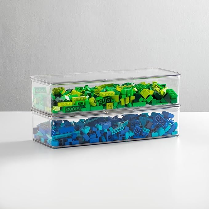 mDesign Long Plastic Playroom/Gaming Storage Organizer Box Containers with Hinged Lid for Shelves or Cubbies, Holds Small Toys, Building Blocks, Puzzles, Markers, Controllers, Crayons, 2 Pack, Clear