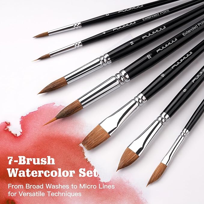 Sable Watercolor Brushes, Fuumuui 7pcs Professional Artist Paint Brushes Set with Extended Needle, Round Point, Flat, Dagger, Cat's Tongue for Watercolor, Acrylic, Gouache – Detail & Wash Painting