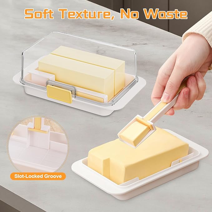 White Airtight Butter Dish with Lid for Countertop, Stylish Container with Cutter Knife, Large Capacity Stick Holder for East/West Coast Butter, Keeper&Tray Fit Refrigerator or Camping Use