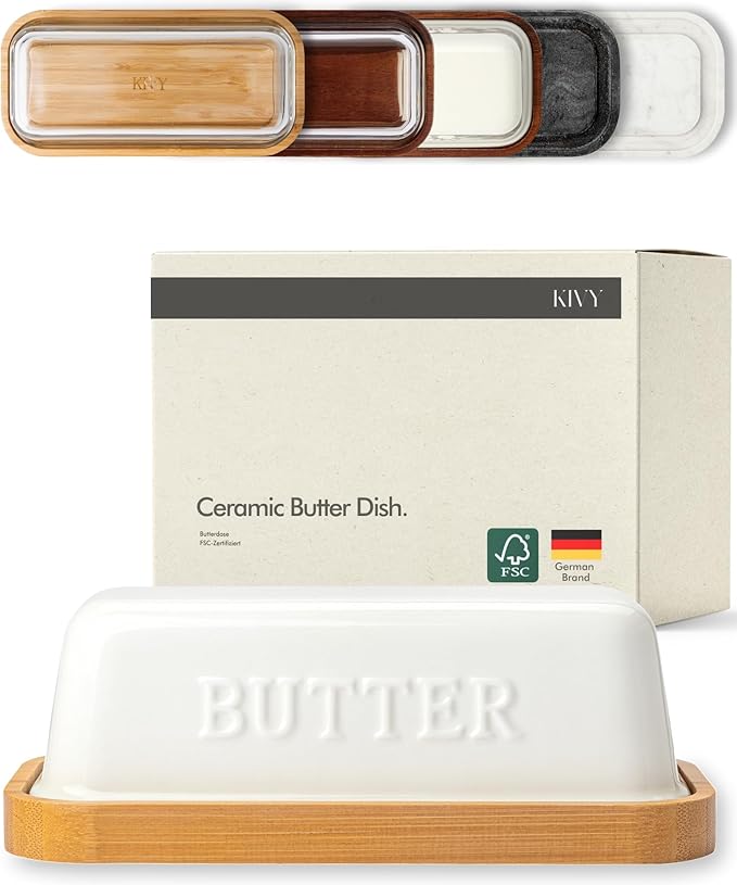 KIVY Ceramic butter dish with airtight lid that keeps butter soft - For countertop and refrigerator door shelf - Butter dish ceramic - Butter holder for counter - Covered butter dishes