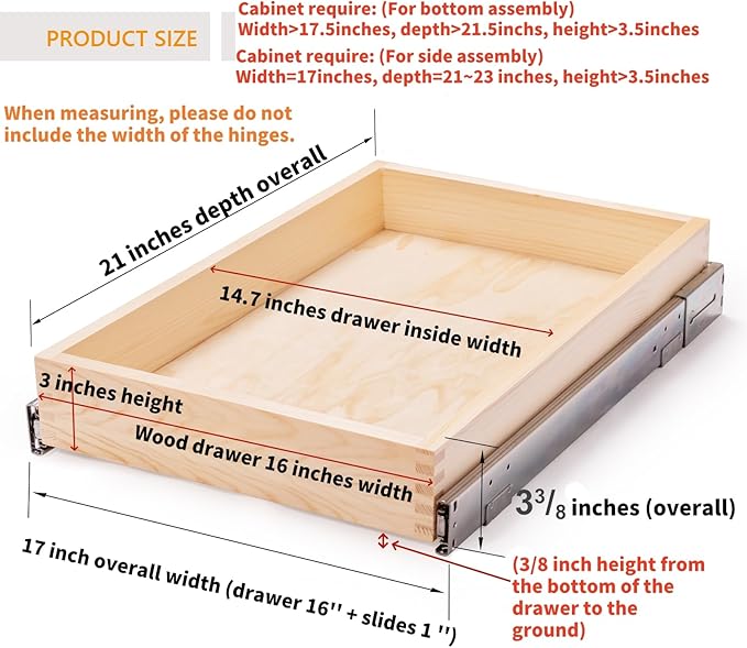 16”W x 21”D x 3‘’H Soft Close Slide Out Wood Drawer Organizer for Kitchen, Finished, (Cabinet Opening>17.5 inches for Bottom Assembly, Opening= 17 inches for Side Assembly)
