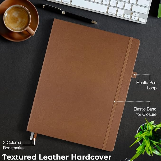 College Ruled Notebook, A4 Hardcover Leather Notebook for Work, Lined Notebook Journal for Women, Men, 192 Thick Paper, 8.5" x 11", Large Notebook with Pockets, Professional Business Notebook, Brown