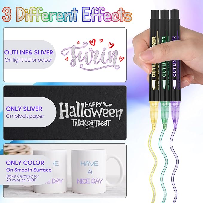 Outline Markers, 12 Pcs Glitter Silver Pens,Self-Outline Metallic Markers,Shimmer Pens,Tween Teen Girl Gifts Trendy Stuff 4-16 Year Old,Art Supplies for Kids 9-12