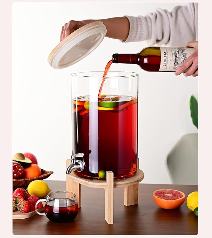 Glass Drink Dispenser, 2 gallons, With faucet wood stand Easy flow control, great for parties, bars & restaurants Large Glass Cold Beverage Dispensers.(2 gallon)
