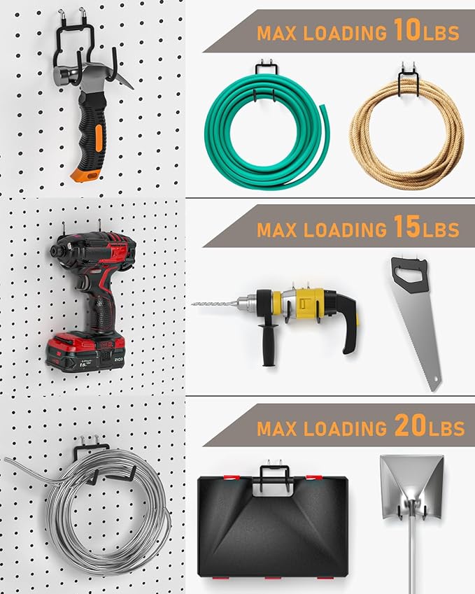 INCLY 10 Pack Heavy Duty Pegboard Hooks, 1/4" Pegboard Drill Holder Tool Utility Hooks, Peg Board Tool Hangers Accessories for Hanging Power Tools, Drill, Hammer, Workbench, Garage