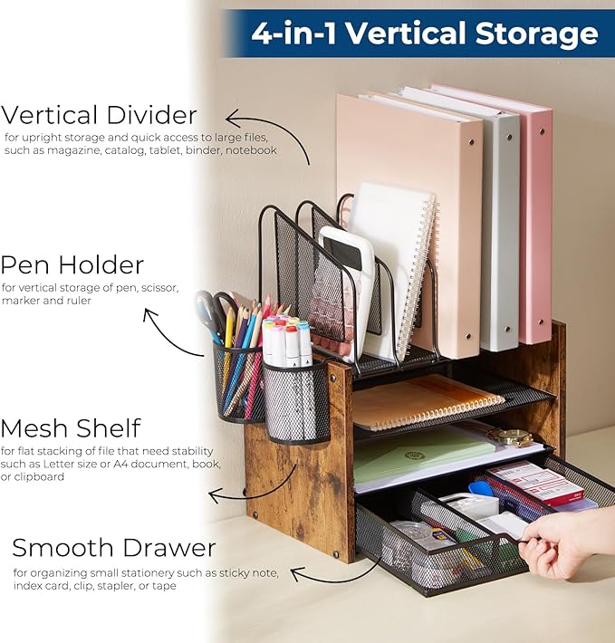 Y YOMA Mesh Desk Organizer with Drawer, 4-Tier Wood Desktop Organizer with 5 Vertical File Holders and 2 Pen Holders Office Desk Accessories for Home Dorm Classroom