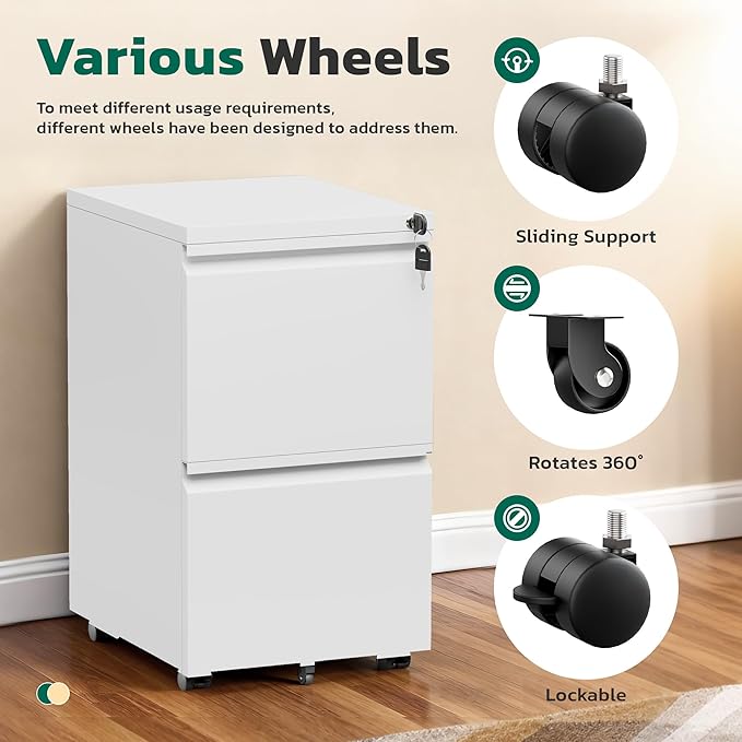 Greenvelly 2 Drawer Mobile File Cabinet with Lock, Metal Filing Cabinet on Wheels, Under Desk File Cabinet for Home Office Organizer Letter/Legal/A4 File (Assembly Required, White)