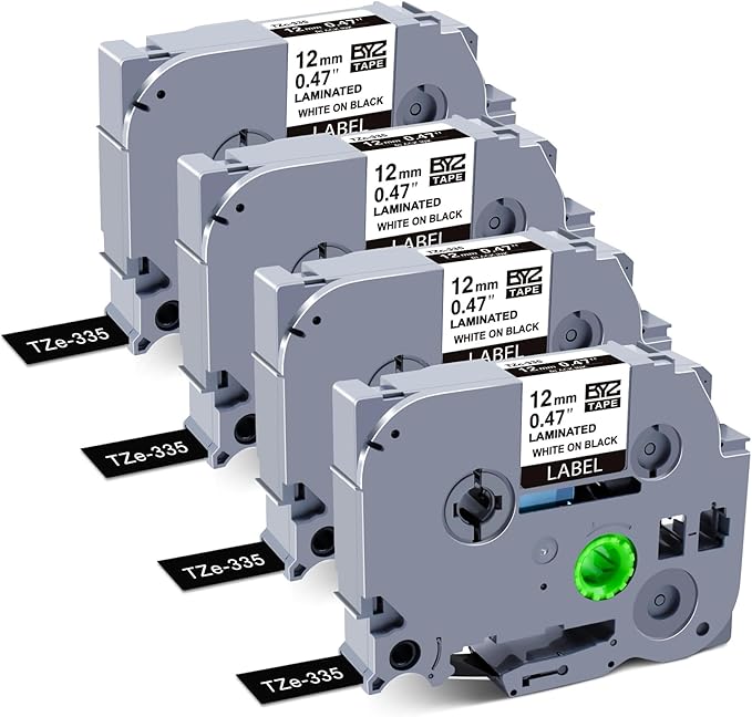 BOYEEZON Label Maker Tape 12mm 0.47 Black Replacement for Brother P Touch Label Tape TZe-335 TZ TZe 12mm 0.47 Laminated White on Black for Brother PTD210 PTD400 PTD410 PTD600, 4 Packs