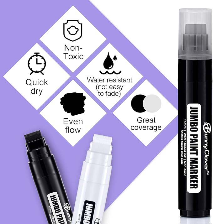 Paint Markers Pens, 2 Pack of Black and White, Premium Permanent Acrylic Paint Pens Markers for Tagging, Signs, Stone, Wood, Ceramic, Non-Toxic,15mm Jumbo Tip