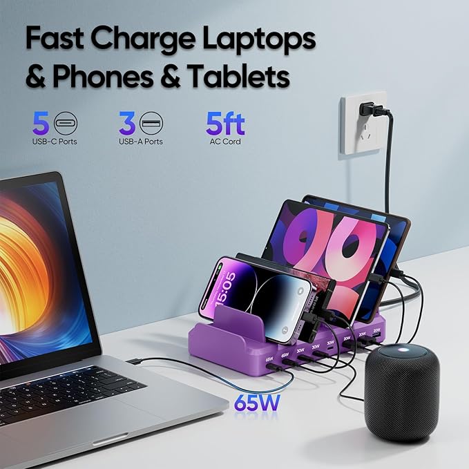300W Charging Station for Multiple Devices, 8 Port Multi USB C Fast Charger Station Dock for MacBook iPhone 16/15/14/13/12 Samsung Pixel Series iPad, Purple (6 Mixed Short Cables Included)