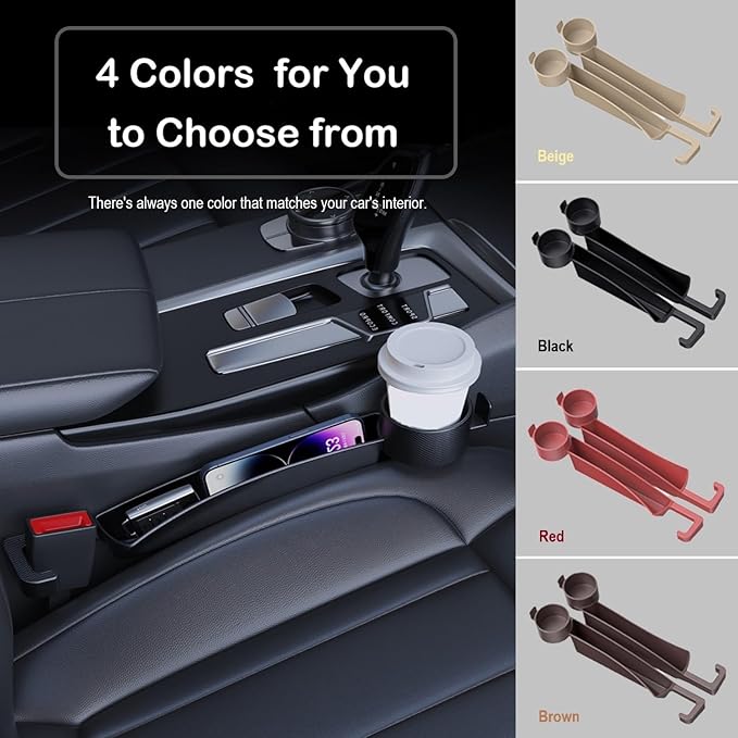 Car Seat Gap Plug with Storage Slot, Auto Gap Filler Organizer with Cup Holder, Universal Carseat Side Gap Filler Strip 2 Pack Between Front Seats & Console, Anti-Drop Pad with Seatbelt Holes, Black