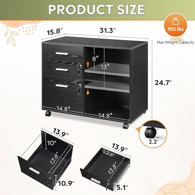 DEVAISE 3-Drawer Wood File Cabinet with Lock, Mobile Lateral Filing Cabinet, Printer Stand with Open Storage Shelves for Home Office, Black