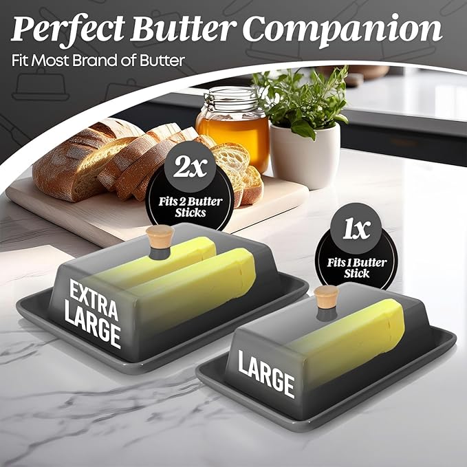 Flexzion Ceramic Gray European Butter Dish with Lid for Countertop (8 Inch) - Wide 2 Stick Double Butter Holder for Counter, Cream Cheese Container Storage Keeper