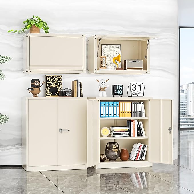 INTERGREAT Metal Cabinet with Lock, Lockable Metal Storage Cabinets with Doors and Shelves for Garage, Cream Grey Locking Garage Storage Cabinets 36"×32"×16"