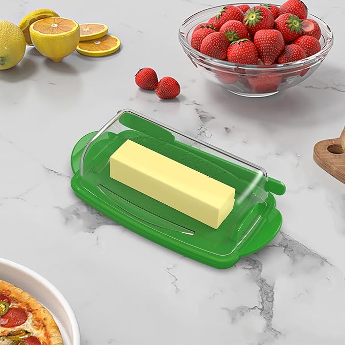 Butter Dishes with Lid for Countertop Refrigerator, Clear Butter Dish Plastic Flip Top Lid Butter Container with Spreader, Non-Slip Bottom Butter Holder Keeper (Transparent Cover Green)