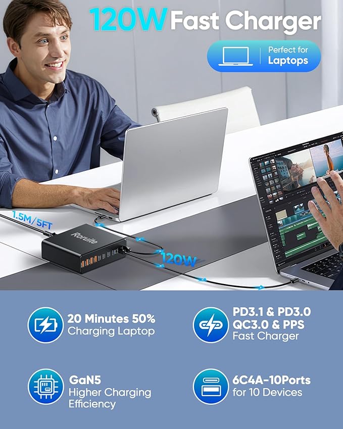 800W USB C Charging Station, 120W PD GaN5 Super Fast USB C Charger Block-10 Port, Type C for PC Laptop MacBook Pro/Air Charger Compatible with iPhone 17 16 15 14 13 12 Pro Max, iPad, Galaxy (Black)