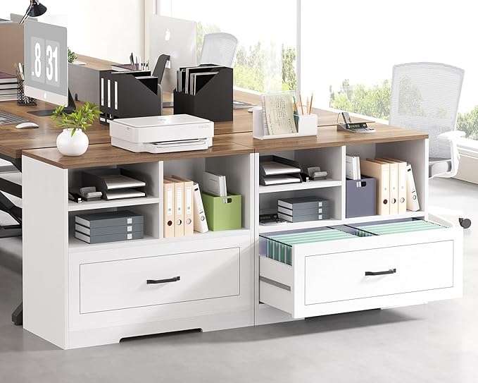 LVB Lateral File Cabinets for Home Office, Wood Filing Cabinet Drawers for Letter/Legal/A4/F4 Size, Farmhouse Storage File Cabinet Printer Stand with Open Shelf, 32.7 Inch, White and Rustic Oak