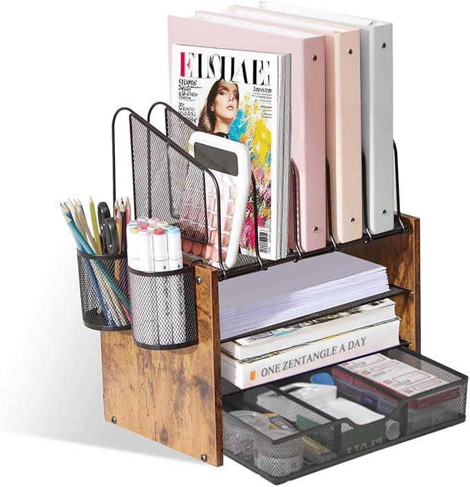 Y YOMA Mesh Desk Organizer with Drawer, 4-Tier Wood Desktop Organizer with 5 Vertical File Holders and 2 Pen Holders Office Desk Accessories for Home Dorm Classroom
