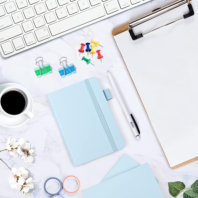 feela 15 Pack Pocket Small Notebooks Bulk, Mini Cute Memo Notepads Hardcover College Ruled Lined Journals with Pen Holder for Women Girls Office School, with 15 Black Pens, 3.5”x 5.5”, A6, Light Blue