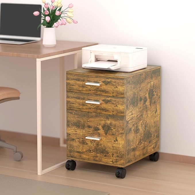 3-Drawer Mobile File Cabinet,Rustic Brown Finish with Locking Casters,Fully Assembled Storage Cabinet with Drawers for Office & Home,18.9" L x 15.75" W x 22.05" H,220 lbs Capacity