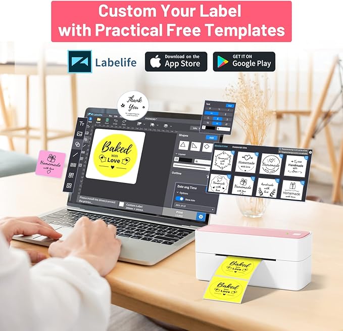 Phomemo Thermal Shipping Label Printer, 241BT Label Printer for Shipping Packages & Small Business, Pink 4x6 Bluetooth Label Printers Compatible with Android iOS Windows, Amazon, Ebay,UPS, Shopify