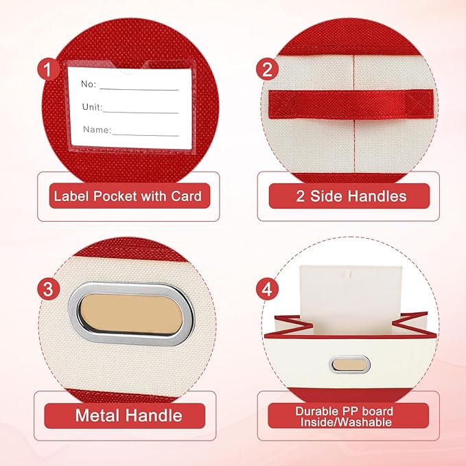 Large Linen Fabric Foldable Storage Bins with Removable Lid and Handles, Washable Storage Box Organizer Containers Baskets Cube with Cover for Bedroom,Office(Red&Cream, Large)