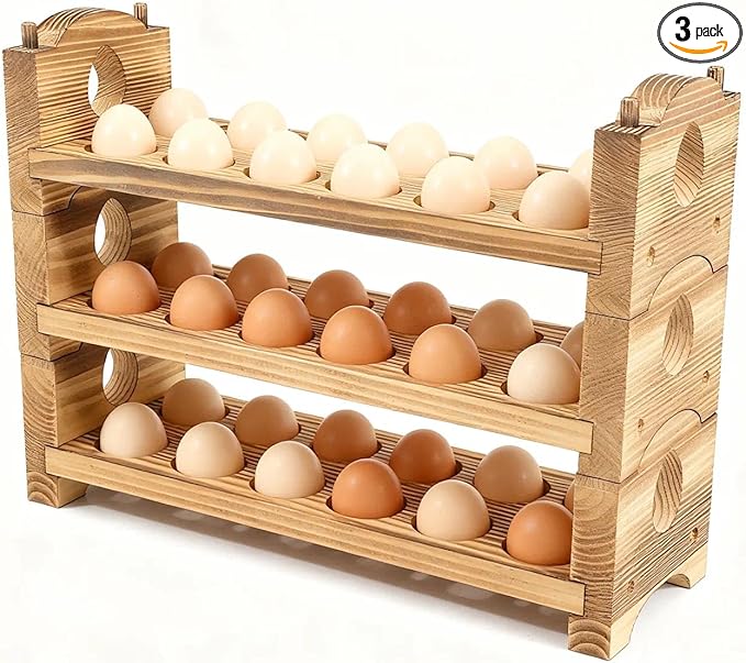Egg Holder Countertop Farmhouse Decor - Wooden Fresh Eggs Storage for Counter - Pine Wood Egg Organizer Tray Racks