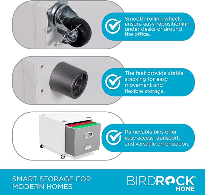 BIRDROCK HOME Rolling File Cabinet – Decorative Storage Shelf w/Removable Bins, Handles, and Wheels – Organize Files, Books, Toys, Under Desk Office Solution, Modern Design - 1 Lateral Drawer, White