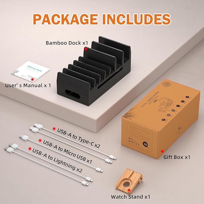 Pezin & Hulin Bamboo Charging Station with Watch Stand, Docking Holder for Multi Device with 5 Charge Cables, Desktop Dock Stations Electronic Organizer for Cellphone, Tablet, Watch-Black