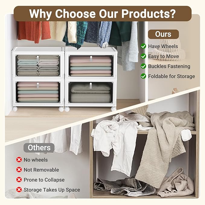 Storage Bins with Lids,4 Tier Stackable Storage Bins with Drawers,4 Pack Collapsible Plastic Storage Boxes with Wheel-1 Lid,23QT Foldable Containers for Closet Living Room Bedroom Office.