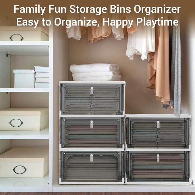 Storage Bins with Lids,4 Tier Stackable Storage Bins with Drawers,4 Pack Collapsible Plastic Boxes with Wheel-1 Lid,23QT Foldable Containers for Closet Living Room Bedroom Office(Grey)