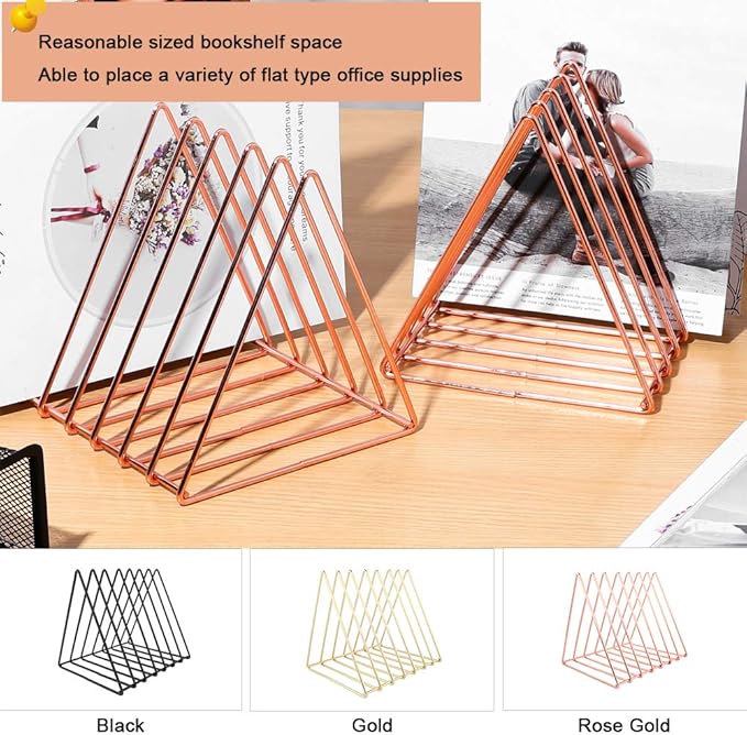 Urban Deco Triangle Desk Organizers Metal Wire Magazine Holder 7 Sections Decorative Vinyl Record Storage Office File Organizer For Desk - Rose Gold Magazine File Holder - 2 Pack
