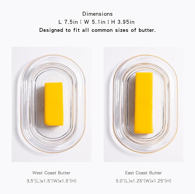 7.5" Large Glass Butter Dish with Cover, Clear Crystal Glass Butter Holder Tray with Lid for Countertop Fridge