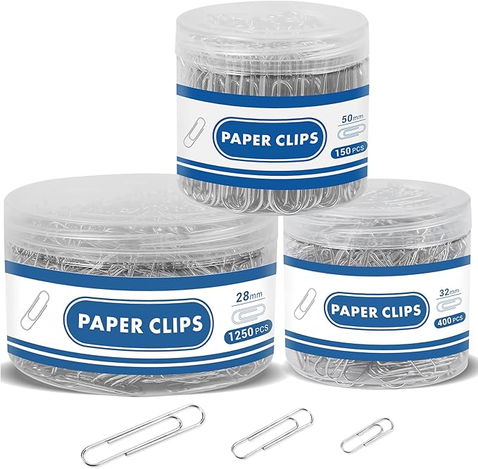 1800 Paper Clips Assorted Sizes Large, Medium and Small, Durable and Rustproof, Paperclips for Office School and Personal Use, Office Supplies Document Organizing (50mm, 33mm, 28mm) (Silver)