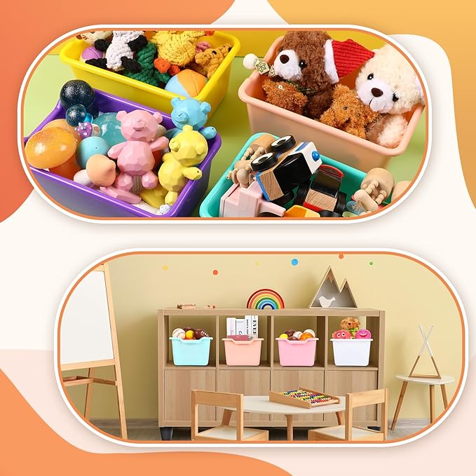 Dandat 24 Pcs Book Bins for Classroom Plastic Cubby Bins Bulk Classroom Storage Baskets Stackable Assorted Colors Toy Storage Containers for Library Home Office School Nursery Playroom