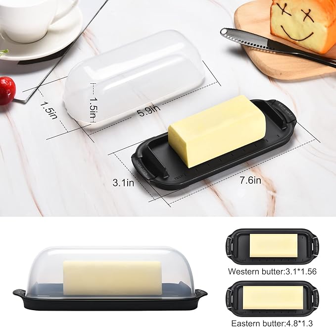 AONCO Butter Dish, Butter Container Holds with Clear Lid for Countertop, Unbreakable Butter Keeper for Home Kitchen Decor, Perfect for East/West Coast Butter, BPA-free (Black)