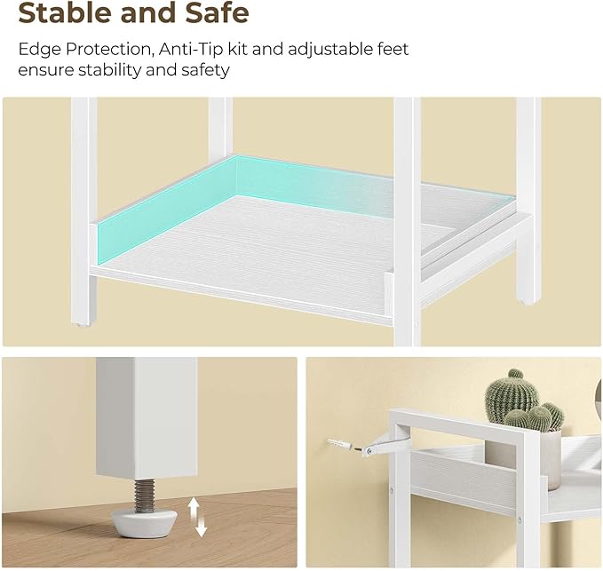 Rolanstar Bookshelf, 6-Tier Storage Rack, Narrow Corner Bookshelf, Display Wooden Shelves for Living Room, Bathroom, Balcony, Kitchen,White