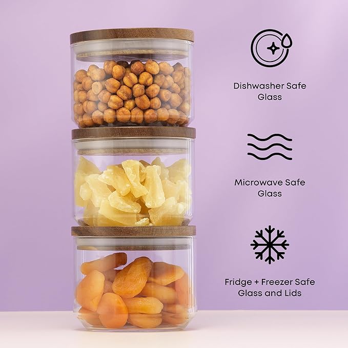 JoyJolt Holden 14oz Stackable Glass Storage Containers with Lids and Wooden Tray, Small Airtight Food Canister Set of 3 with Acacia Wood Lids, Round Clear Stacking Pantry and Kitchen Containers