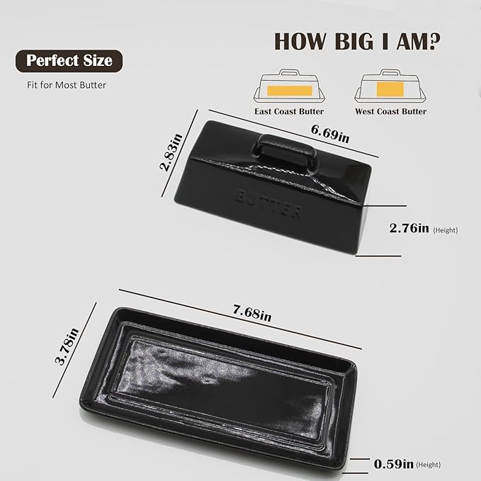 Ceramic Butter Dish With Lid for Countertop, Covered Butter Holder With Lid, Black Butter Container, Butter Tray With Handle