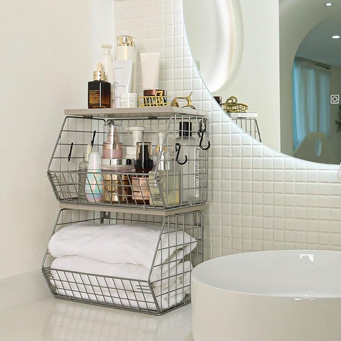 2pcs Silver Fruit Basket, Stackable Wall Mounted Pantry Organizers and Storage Basket with Wood Lid Top - Kitchen Hanging Wire Basket for Storage Bread, Cans, Snack, Fruit, Vegetable