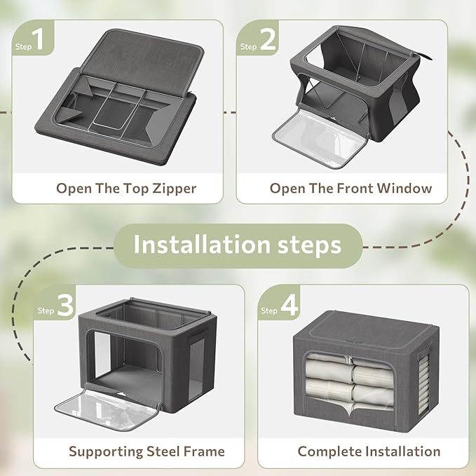 FHSQX 3 Pack Clothes Storage Bins - Foldable Metal Frame Storage Box - Stackable Linen Fabric Container Organizer Set with Carrying Handles and Clear Window (Dark Gray, 19.7x15.7x13inch(66L))