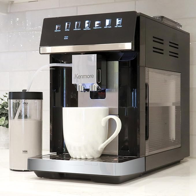 Koolatron Kenmore Espresso Machine – All-In-One Fully Automatic Coffee Maker with Auto Tamper, Descaler, Milk Steamer & Frother, Bean Grinder, Professional Barista Style Cappuccino, Cafe Latte, Black